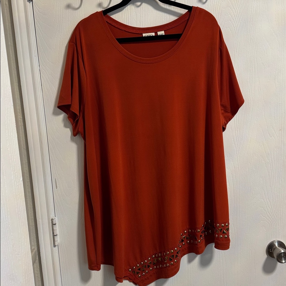 Cato Women 22/24 Short Sleeve Asymmetrical Gold Embellished Stretch Burnt Orange